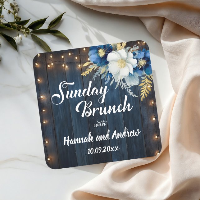 Rustic Blue Wood White Floral Sunday Brunch Square Sticker (Creator Uploaded)