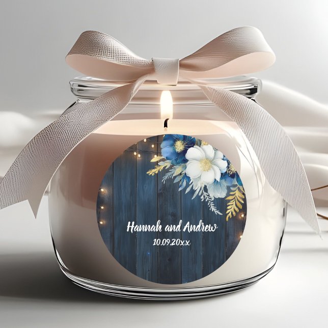 Rustic Blue Wood White Floral Wedding  Classic Round Sticker (Creator Uploaded)