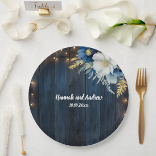 Rustic Blue Wood White Floral Wedding Paper Plate