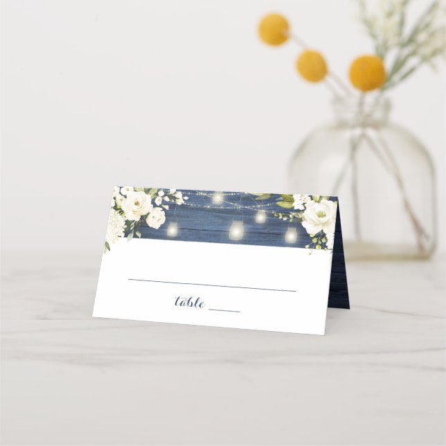 Rustic Blue Wood White Flowers Jar String Lights Place Card (Front)