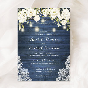 Rustic Blue Wood White Flowers Lace Mason Jars Invitation
