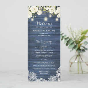 Rustic Blue Wood White Flowers Lace Wedding Programme