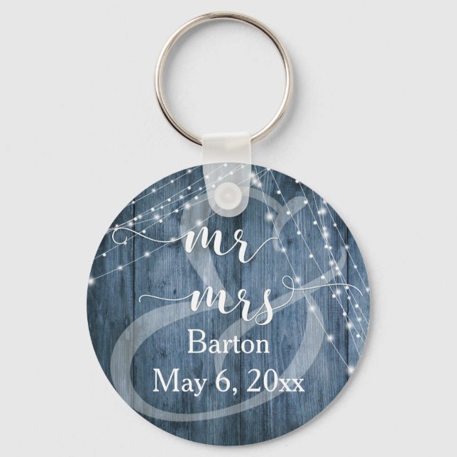 Rustic Blue Wood, White Light Strings Mr & Mrs Key Ring (Front)