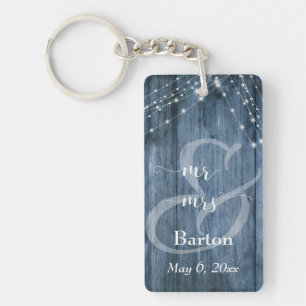 Rustic Blue Wood, White Light Strings Mr & Mrs Key Ring