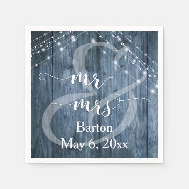 Rustic Blue Wood, White Light Strings Mr & Mrs Napkin (Front)