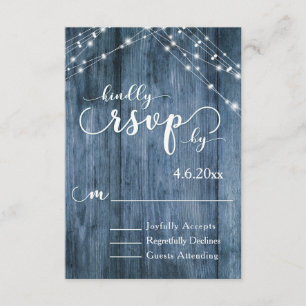 Rustic Blue Wood, White Light Strings RSVP Card