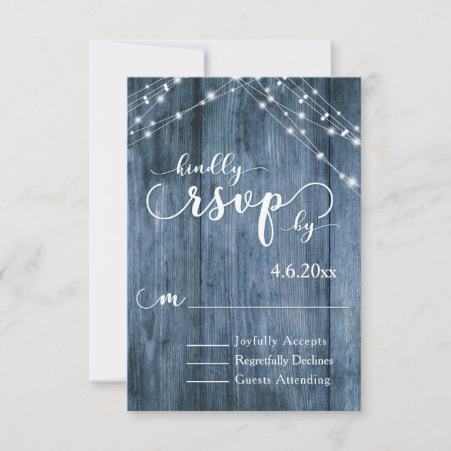 Rustic Blue Wood, White Light Strings RSVP Card (Front)
