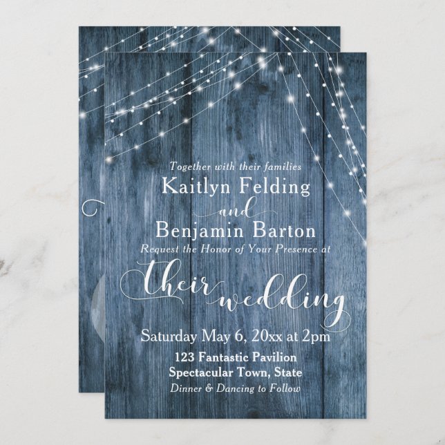 Rustic Blue Wood, White Light Strings Wedding 2 Invitation (Front/Back)