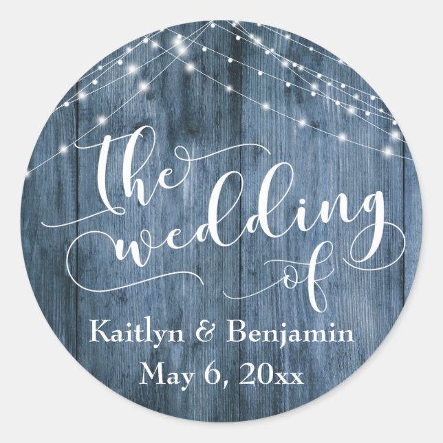 Rustic Blue Wood & White Light Strings Wedding Classic Round Sticker (Front)