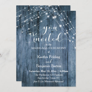 Rustic Blue Wood, White Light Strings Wedding Invitation