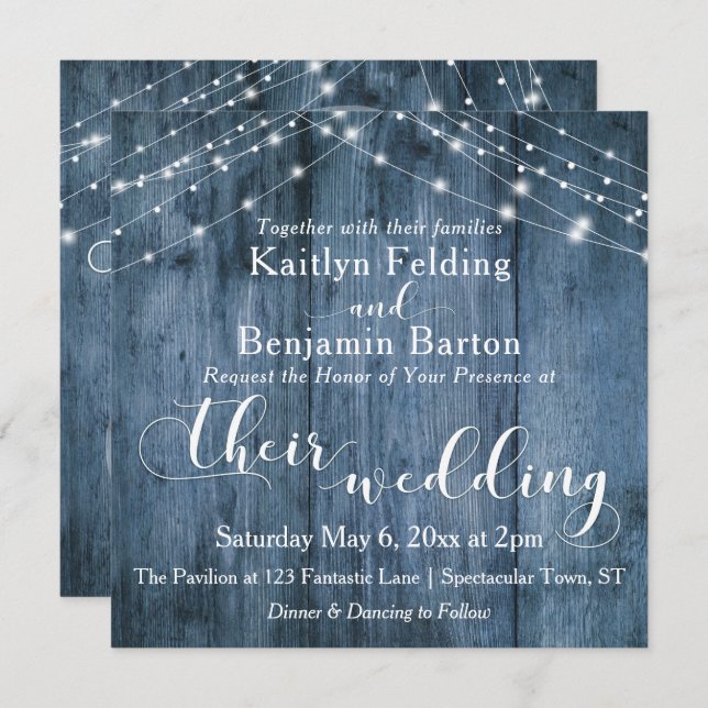 Rustic Blue Wood, White Light Strings Wedding Invitation (Front/Back)