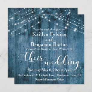 Rustic Blue Wood, White Light Strings Wedding Invitation