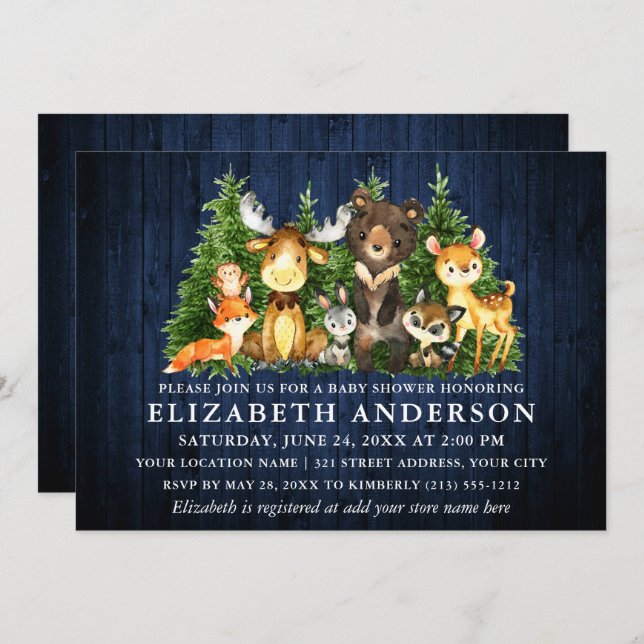 Rustic Blue Wood Woodland Animals Shower Invitation (Front/Back)