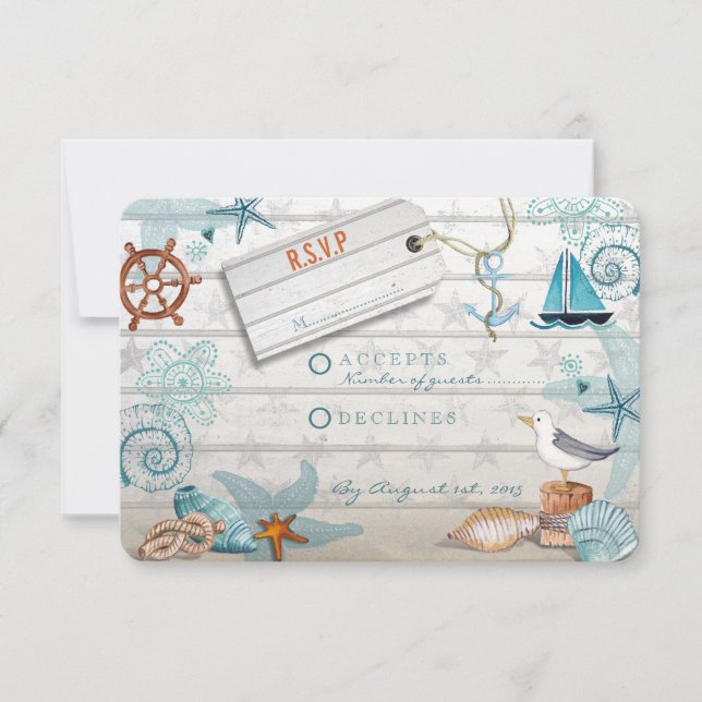 Rustic Blue Wooden Nautical Beach | RSVP Wedding Card (Front)