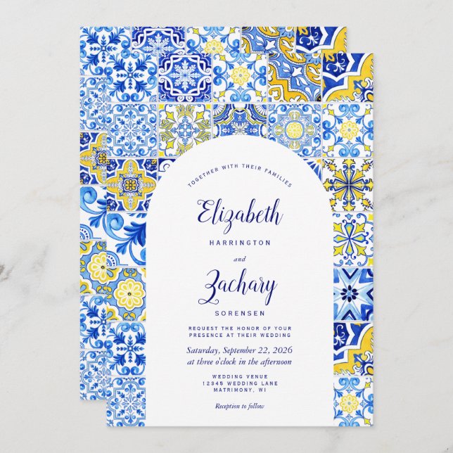 Rustic Blue Yellow Arch Portuguese Tile Wedding Invitation (Front/Back)