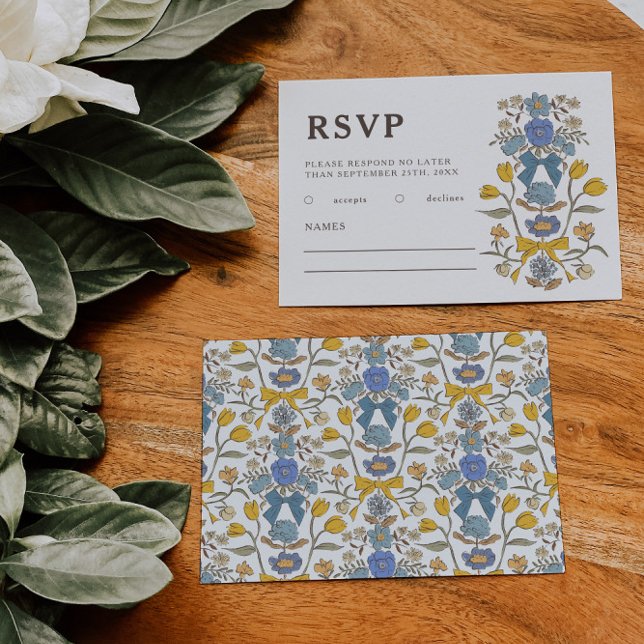 Rustic Blue Yellow Bows and Flowers Wedding RSVP Card (Creator Uploaded)