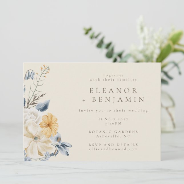Rustic Blue Yellow Floral Watercolor RSVP Wedding  Invitation (Standing Front)