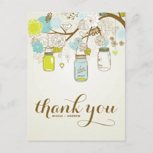 RUSTIC BLUE & YELLOW MASON JARS THANK YOU POSTCARD