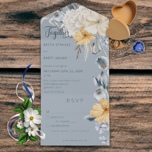 Rustic Blue Yellow & White Floral Blue Dinner All In One Invitation
