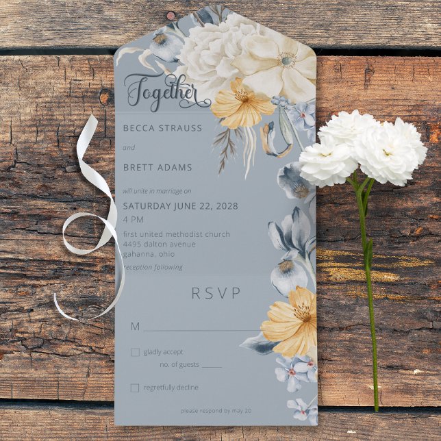 Rustic Blue Yellow & White Floral Blue No Dinner All In One Invitation (Rustic Blue Yellow & White Floral Blue All In One Wedding Invitation without Dinner Options)