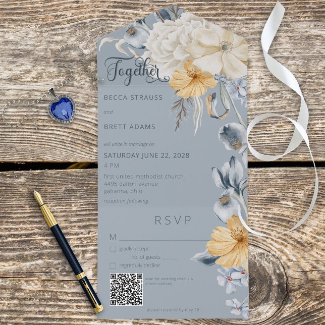 Rustic Blue Yellow & White Floral Blue QR Code All In One Invitation (Creator Uploaded)