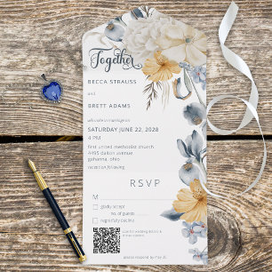 Rustic Blue Yellow & White Floral White QR Code All In One Invitation