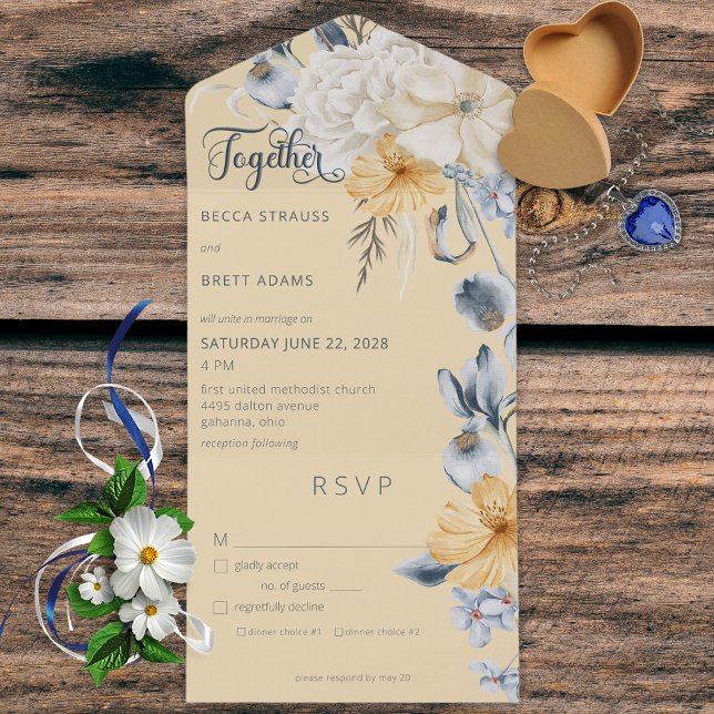 Rustic Blue Yellow & White Floral Yellow Dinner All In One Invitation (Creator Uploaded)