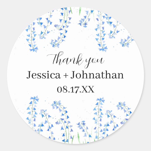 Rustic Bluebells Blue Floral Thank You Favour  Classic Round Sticker (Front)