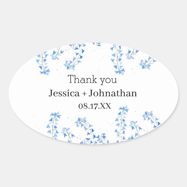 Rustic Bluebells Blue Floral Thank You Favour  Oval Sticker (Front)