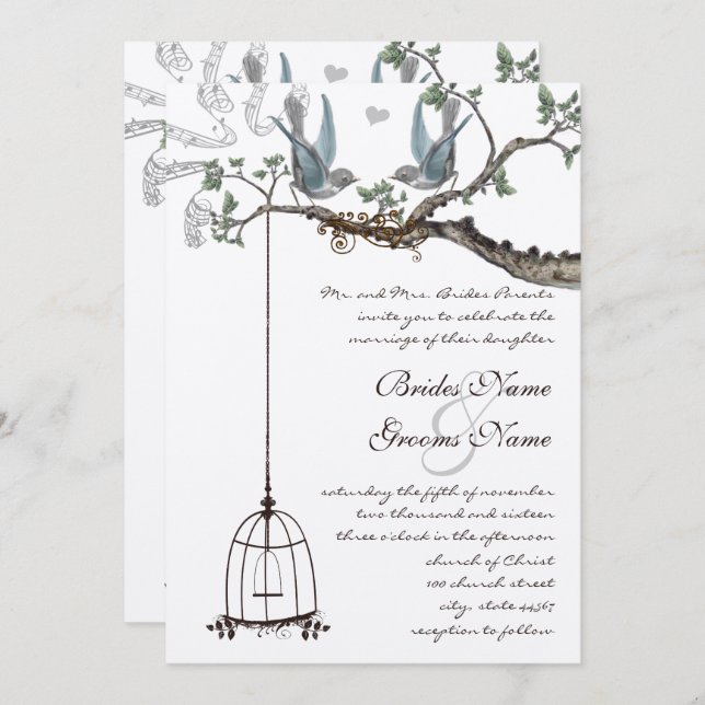 Rustic Bluebird Birdcage Wedding Invite (Front/Back)