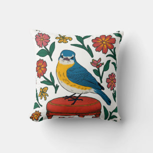 Rustic Bluebird on Pouf in Folk Art Cushion
