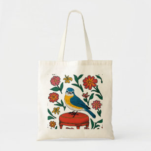 Rustic Bluebird on Pouf in Folk Art Tote Bag