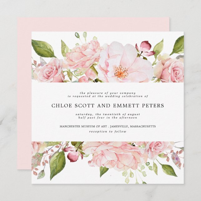 Rustic Blus Pink Rose Floral Square Wedding Invitation (Front/Back)