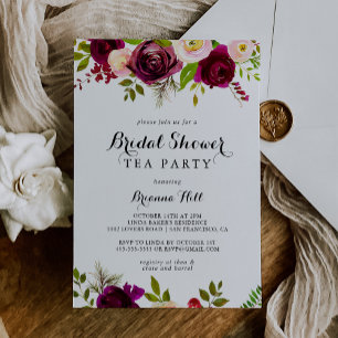 Rustic Blush Burgundy Bridal Shower Tea Party Invitation