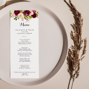 Rustic Blush Burgundy Floral Calligraphy Dinner Menu