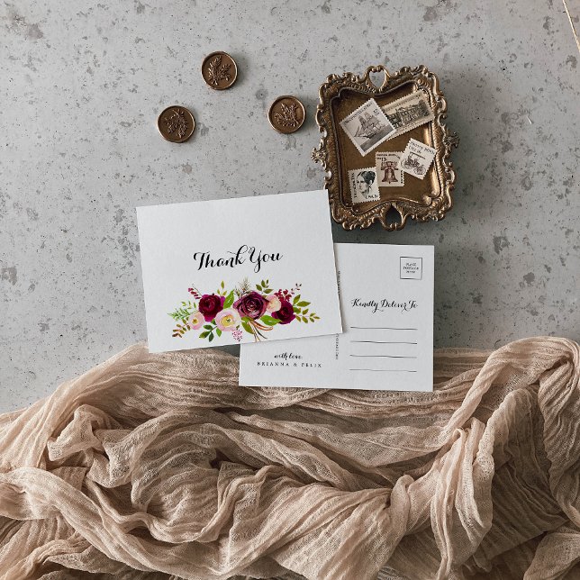 Rustic Blush Burgundy Floral Calligraphy Thank You Postcard (Creator Uploaded)
