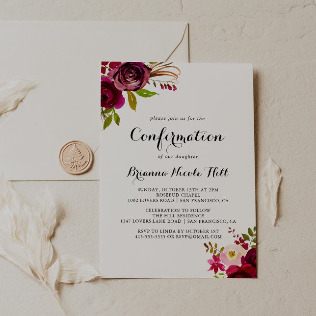 Rustic Blush Burgundy Floral Confirmation Invitation (Creator Uploaded)