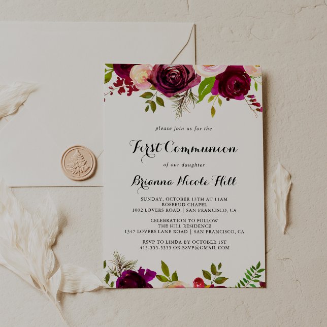 Rustic Blush Burgundy Floral First Communion Invitation (Creator Uploaded)