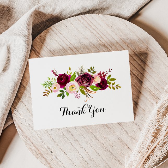 Rustic Blush Burgundy Floral Flat Wedding Thank You Card (Creator Uploaded)