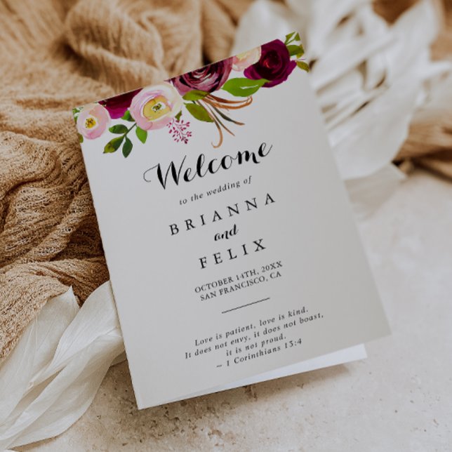 Rustic Blush Burgundy Floral Folded Wedding Programme (Creator Uploaded)