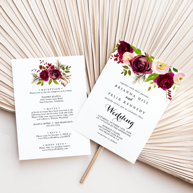 Rustic Blush Burgundy Floral Front & Back Wedding Invitation (Creator Uploaded)