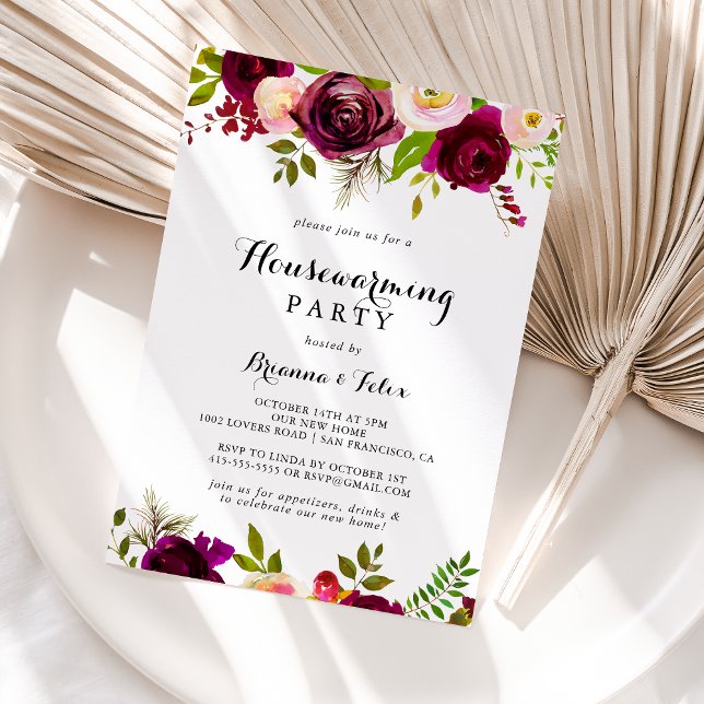 Rustic Blush Burgundy Floral Housewarming Party Invitation (Creator Uploaded)