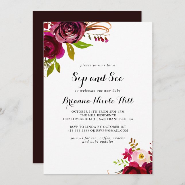 Rustic Blush Burgundy Floral Sip and See Invitation (Front/Back)