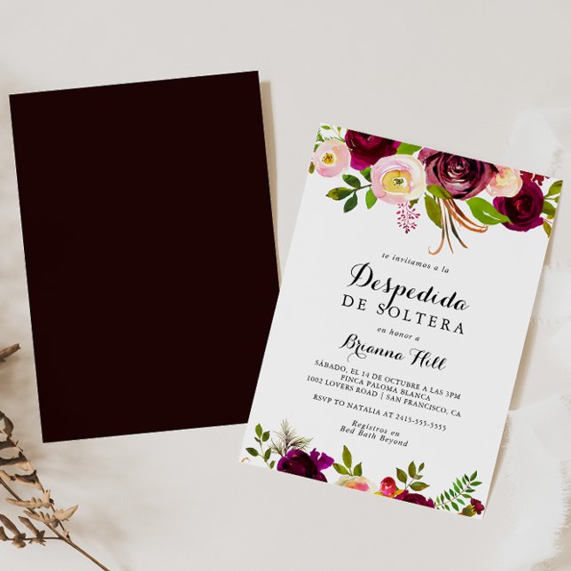 Rustic Blush Burgundy Floral Spanish Bridal Shower Invitation (Creator Uploaded)