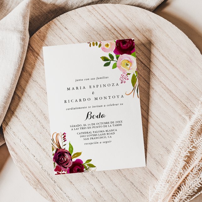 Rustic Blush Burgundy Floral Spanish Wedding Invitation (Creator Uploaded)