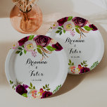 Rustic Blush Burgundy Floral Wedding Cake Paper Plate<br><div class="desc">This rustic blush burgundy floral wedding cake paper plate is perfect for a simple wedding reception. The design features pink,  blush,  red,  burgundy and bordo watercolor flowers with green foliage. Make it your own by adding the names of the bride and groom and wedding date.</div>