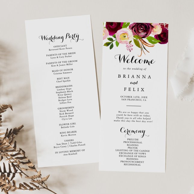 Rustic Blush Burgundy Floral Wedding Program Programme (Creator Uploaded)