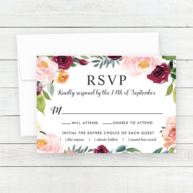 Rustic Blush Burgundy Floral Wreath Wedding RSVP Card (Creator Uploaded)