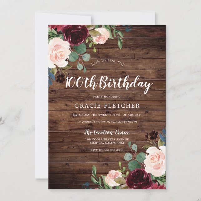 Rustic Blush & Burgundy Flowers 100th Birthday Invitation (Front)