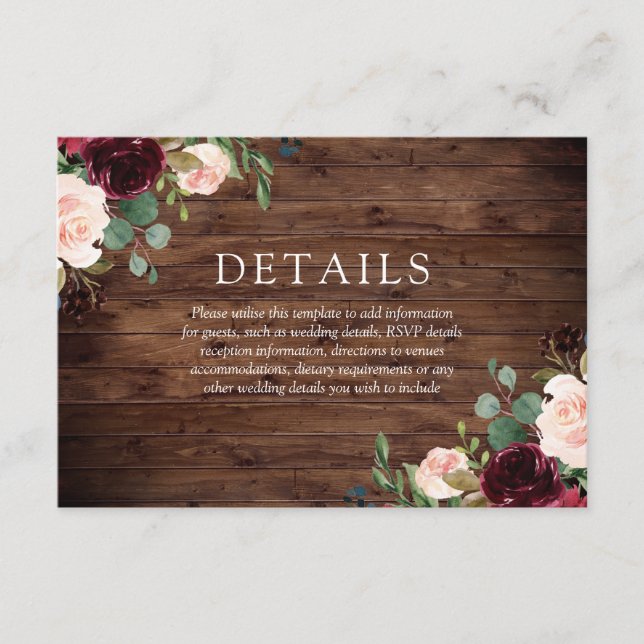 Rustic Blush & Burgundy Flowers All Season Wedding Enclosure Card (Front)